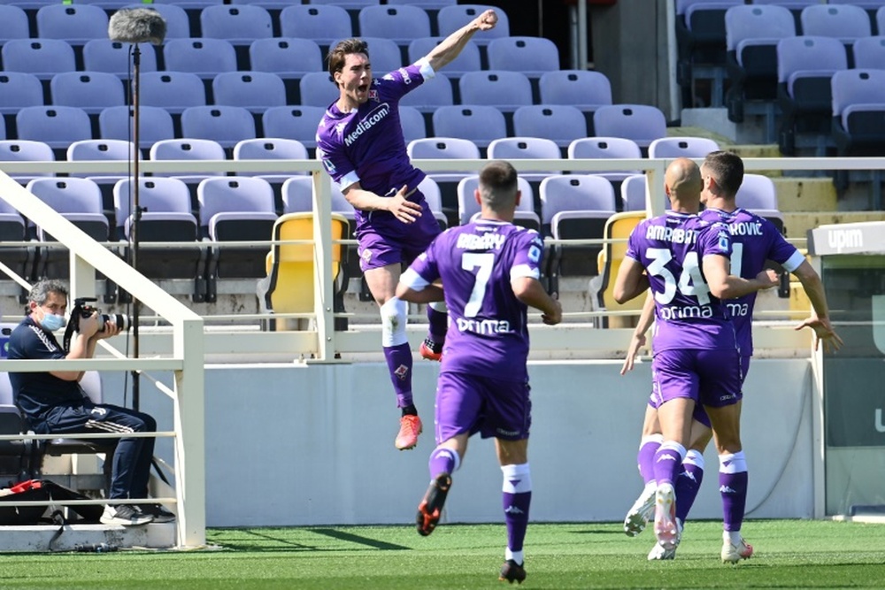 La joie de l'attaquant serbe de la Fiorentina, Dusan Vlahovic. AFP