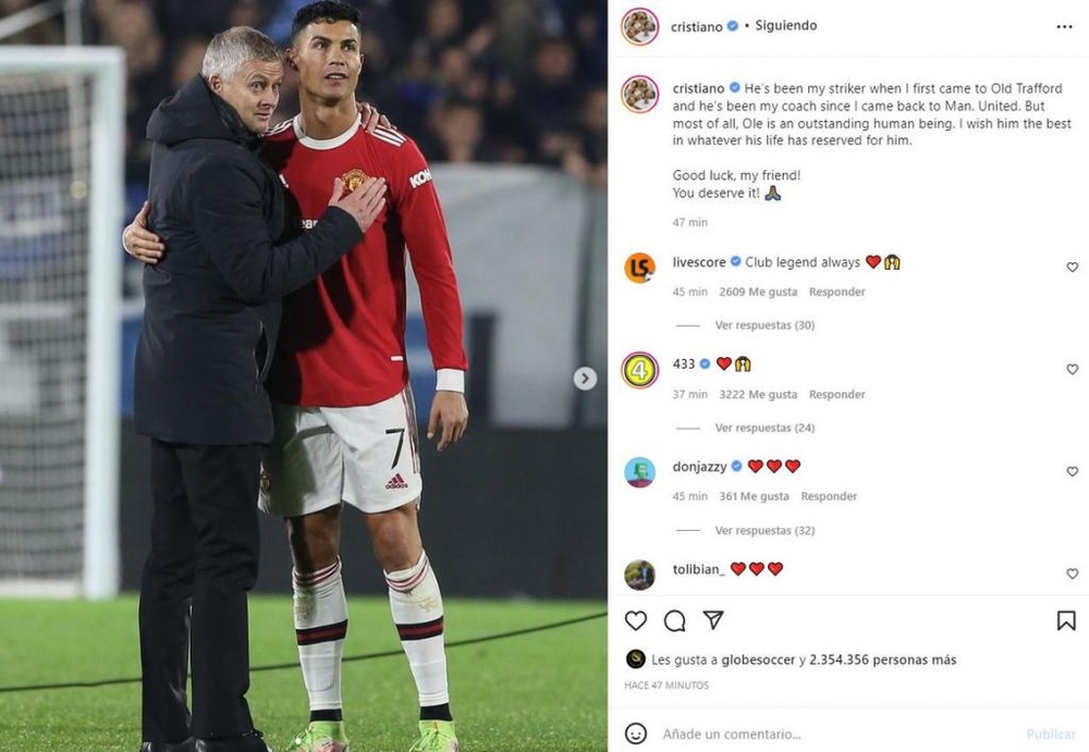 Cristiano Ronaldo e sua homenagem a Solskjaer. Instagram/cristiano