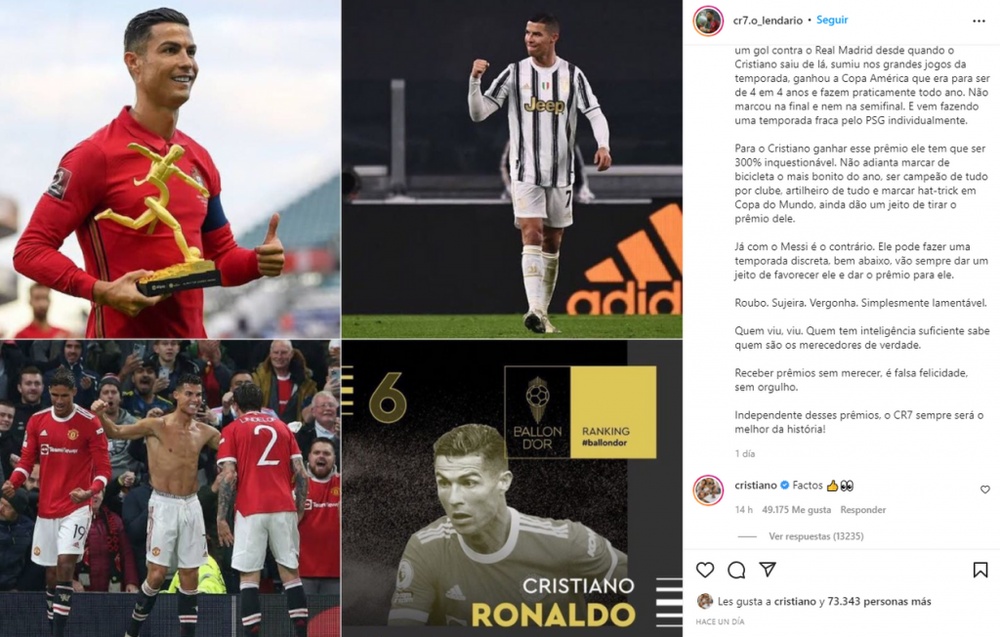 Cristiano Ronaldo não está de acordo com o prêmio dado a Messi. Instagram/cr7.o_legendario