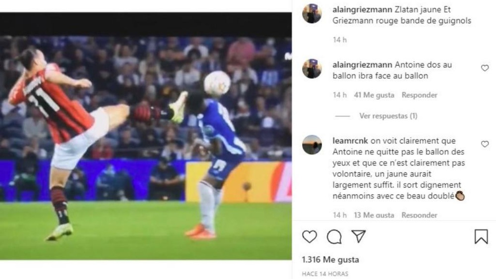 Le père de Griezmann s'insurge contre le carton rouge de son fils. Instagram/alaingriezmann