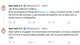 Razak Brimah dejó el Real Jaén. Captura/Twitter/RealJaenCF