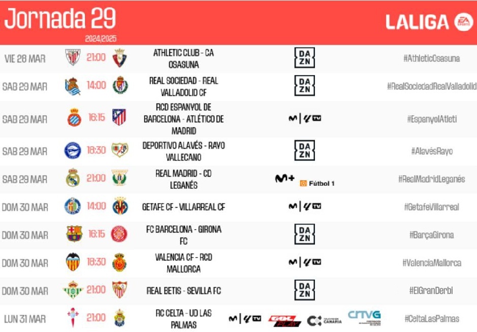 Estos son los horarios de la jornada 29 de LaLiga: el Betis-Sevilla, el domingo 30 a las 21.00