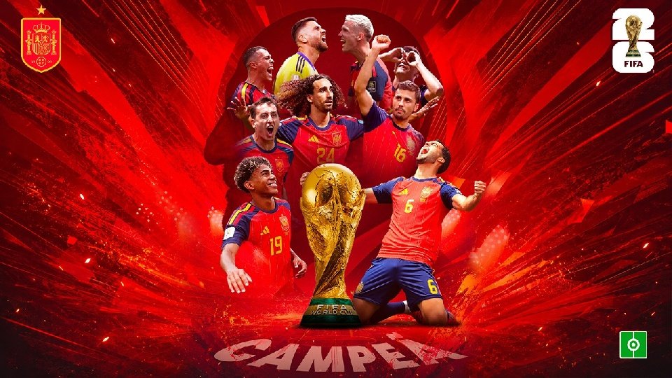 Ilustração com a Seleção Espanhola e a taça da Copa do Mundo.