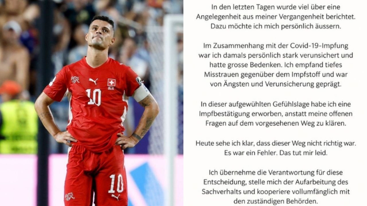 Granit Xhaka ha sido apartado temporalmente de Suiza al confesar que falsificó un certificado de vacunación de COVID-19. El jugador se enfrenta a una pena de cinco años de prisión.