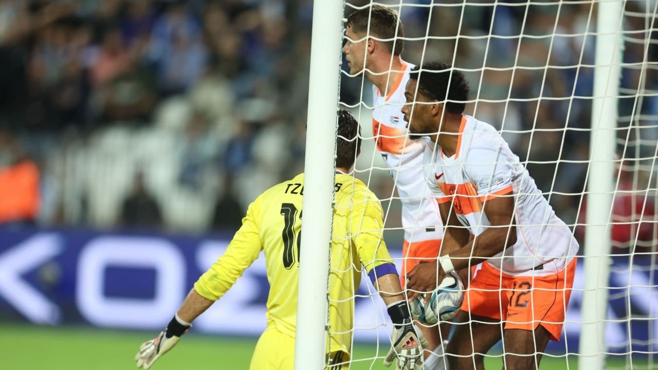 Netherlands defender Jurrien Timber collects the ball to celebrate a goal during the UEFA Nations League match between Greece and Netherlands in Thessaloniki, Greece, 1 October 2026. EFE/EPA/ACHILLEAS CHIRAS