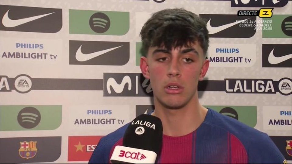 Marc Bernal, happy after scoring his first goal for Barca. Screenshot/Esport3