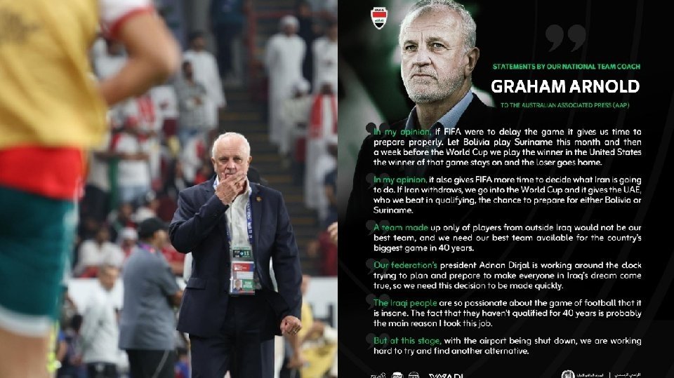 Par le biais d'un communiqué officiel, le sélectionneur de l'Iraq, Graham Arnold, a interpellé la FIFA pour demander le report du barrage qualificatif face au vainqueur de Surinam-Bolivie. Le verrouillage de l'espace aérien irakien menace d'empêcher les joueurs et le staff technique de rejoindre le rassemblement à temps.