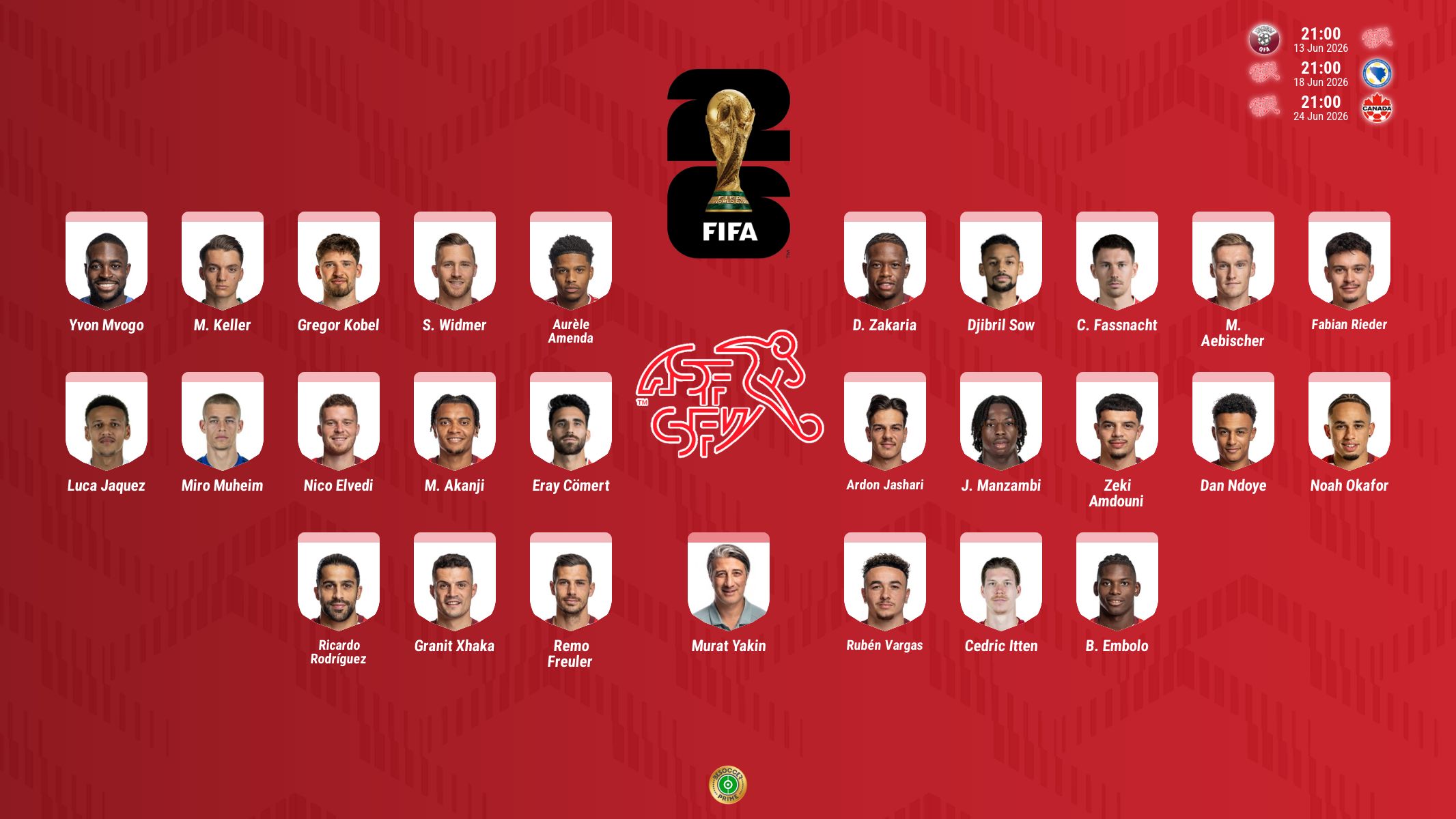 Xhaka y Rodríguez encabezan la experimentada lista de Suiza