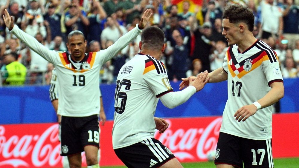 Deniz Undav (L) y Florian Wirtz (R) celebran un gol en el Alemania-Curazao, jornada 1 del Mundial 2026. EFE/Sam Wasson