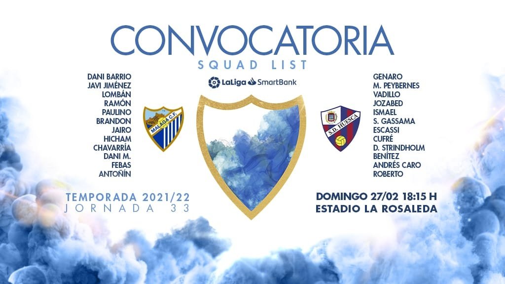 La lista de convocados para el partido del Málaga con el Huesca. MálagaCF