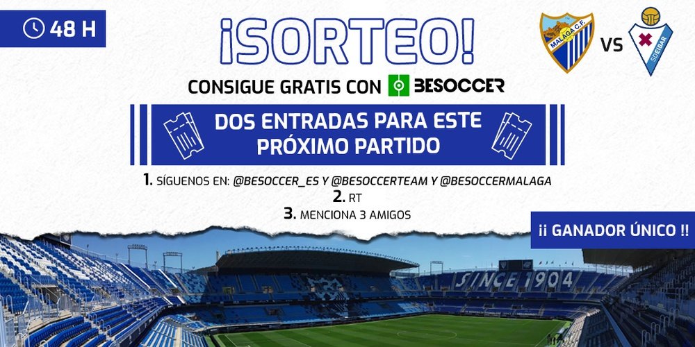 Creatividad del sorteo de dos entradas para el Málaga-Eibar de la jornada 37 de la Segunda División 2021-22. BeSoccer