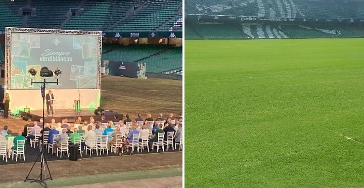 Aspecto del césped del Benito Villamarín durante el acto de homenaje a los socios más antiguos (20 de junio) y el que tiene este 6 de julio.