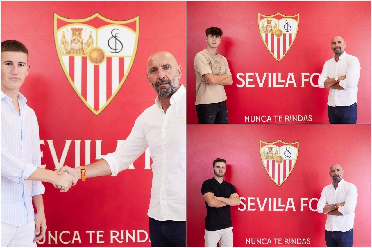Oso, Ramón Martínez y Leo Mascaró, nuevos jugadores del Sevilla Atlético. Foto: @CanteraSFC
