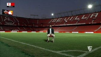 Isco Alarcón, en su primera entrevista co`mo jugador del Sevilla FC en el Ramón Sánchez-Pizjuán. Foto: SFC Media