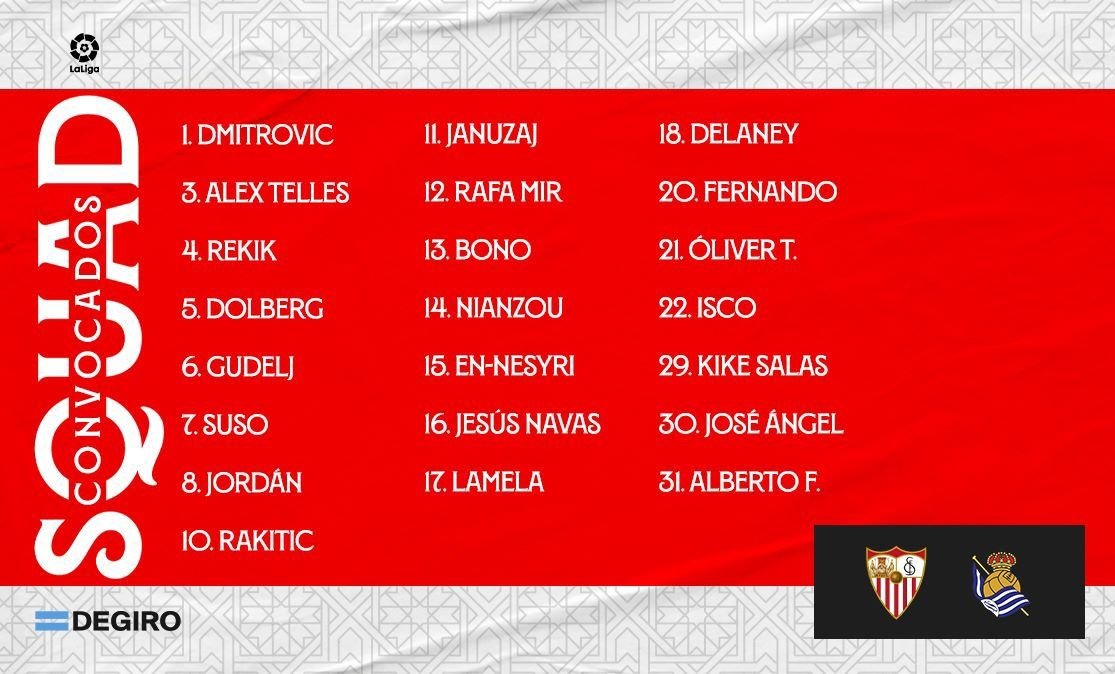 Convocatoria del Sevilla FC para recibir a la Real Sociedad. Foto: @SevillaFC