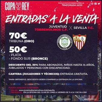 Los precios para el duelo entre el Juventud de Torremolinos y el Sevilla FC que tendrá lugar en el Pozuelo el próximo 21 de diciembre. Foto: Juventud de Torremolinos.