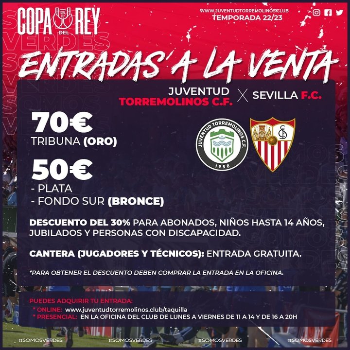 Los precios para el duelo entre el Juventud de Torremolinos y el Sevilla FC que tendrá lugar en el Pozuelo el próximo 21 de diciembre. Foto: Juventud de Torremolinos.