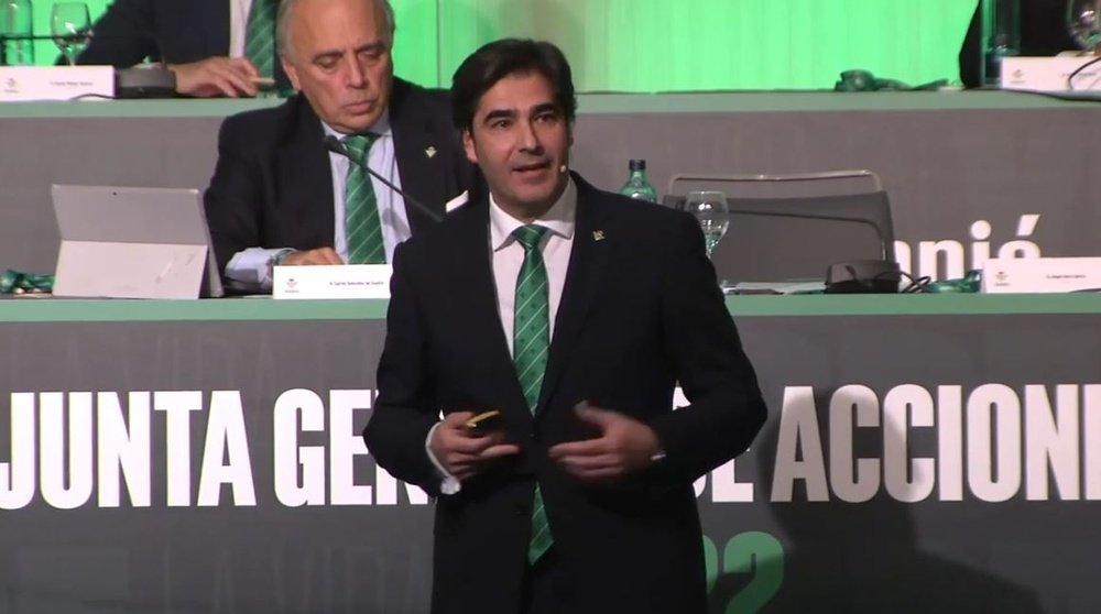 El presidente del Real Betis, Ángel Haro, durante su intervención en la Junta de Accionistas de este 15 de diciembre.- RBB