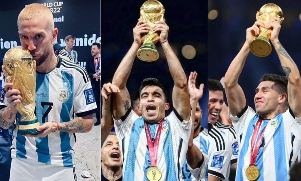 Los jugadores del Sevilla FC Papu Gómez, Marcos Acuña y Gonzalo Montiel, campeones con Argentina en el Mundial de Catar tras derrotar a Francia. Foto: @SC_ESPN