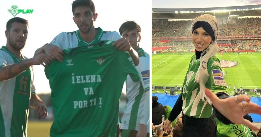 Edgar, Ruibal y Miranda muestras una camiseta en la que dedican el triunfo copero ante el Ibiza a la joven seguidora bética Elena Huelva.- RBB