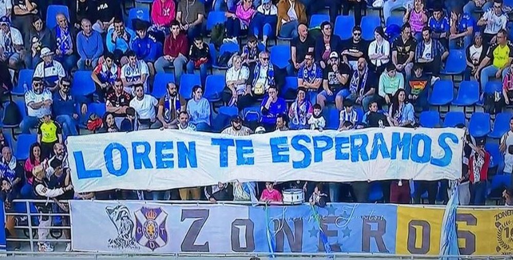Los aficionados tinerfeños han exhibido esta pancarta este sábado en el Heliodoro Rodríguez durante el Tenerife-Ponferradina (0-0).- Captura Movistar