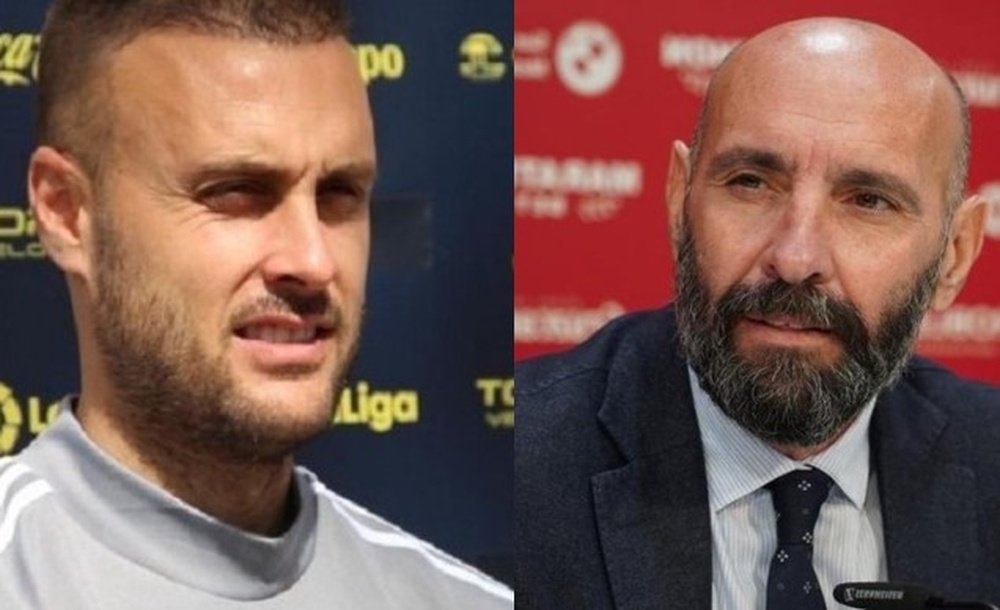 El jugador del Cádiz, Juan Cala, y el director deportivo del Sevilla FC, Monchi, cierran con humor la `discusión` entre ambos en el túnel de vestuarios que recogió en el acta del Sevilla FC-Cádiz el colegiado Hernández Hernández. Foto: SFC y @JuanCala_16