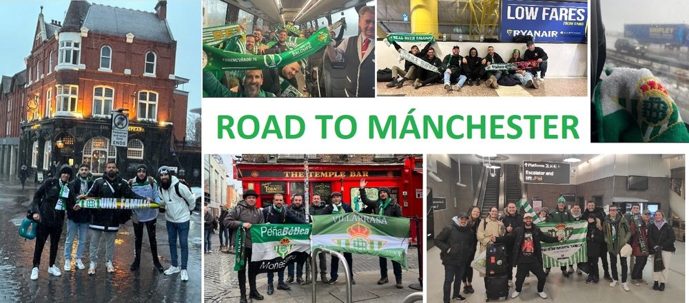 Los béticos han llegado a Mánchester por tierra, mar y canales fluviales o aire para asistir este jueves al partido en Old Trafford.- Fotos de Twitter