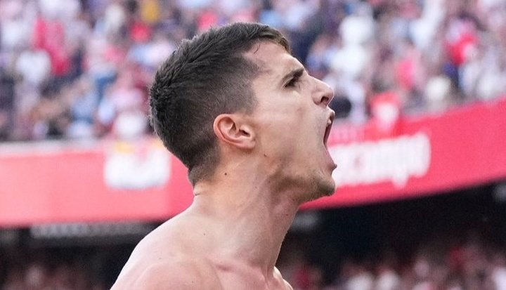 Erik Lamela celebrando su gol ante la UD Almería. Foto: @SevillaFC