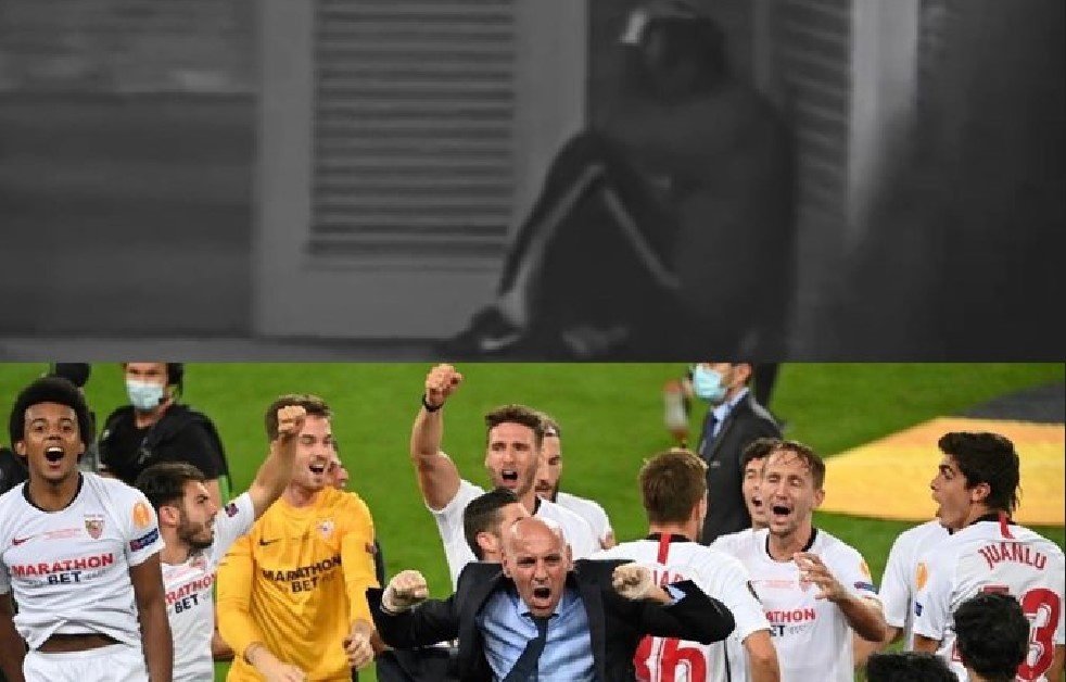 El director deportivo del Sevilla FC, Monchi, ha compartido con la aficion una imagen en la que se le ve hundido tras el descenso en Oviedo y feliz tras lograr la sexta Europa League. Foto: @leonsfdo