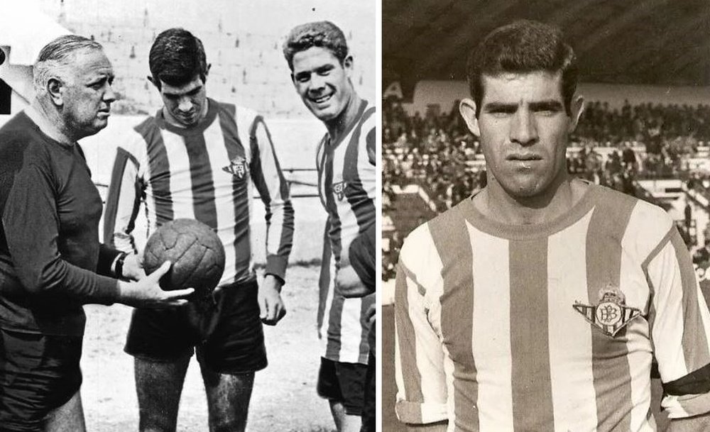 Luis Aragonés, durante su etapa de jugador del Real Betis, escucha las instrucciones de Domingo Balmanya.- RBB