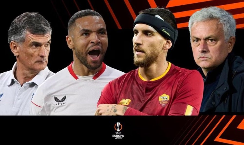 José Luis Mendilibar, Youssef En-Nesyri, Lorenzo Pellegrini and José Mourinho en una imagen de la UEFA previa a la final de la Europa League. Foto: uefa.com