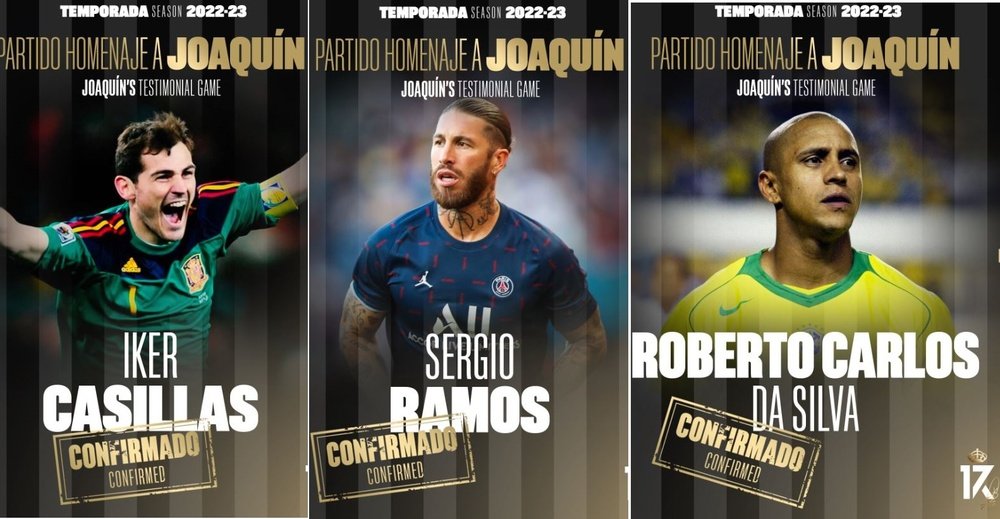 Iker Casillas, Sergio Ramos y Roberto Carlos, junto a Guti, han sido de los últimos en confirmar su presencia en el homenaje a Joaquín.- RBB