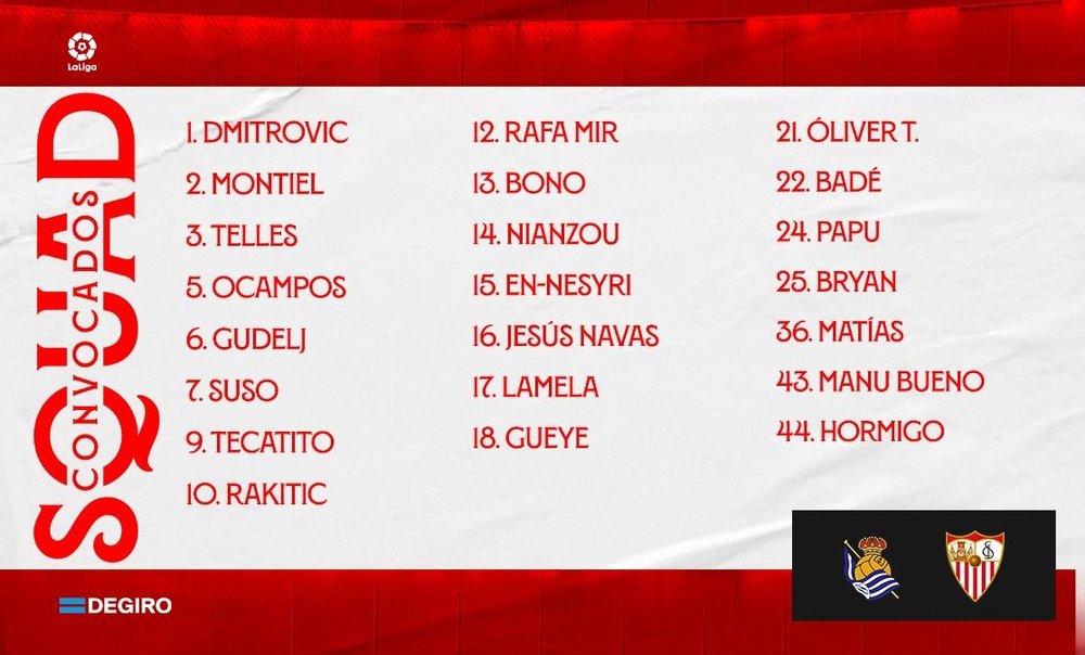 Grafismo de la convocatoria del Sevilla FC para visitar a la Real Sociedad | Imagen: @SevillaFC