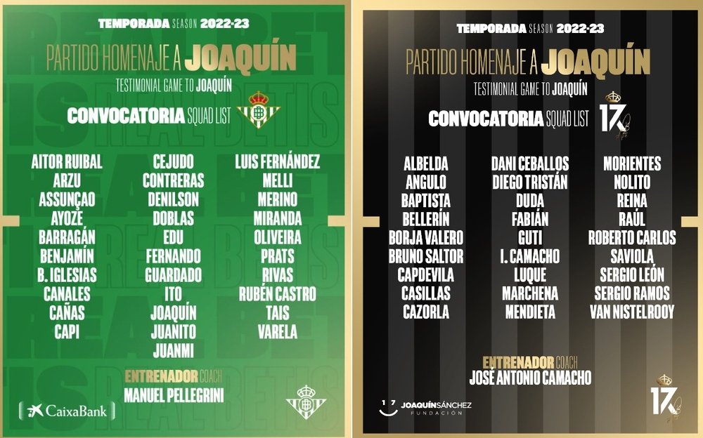 La lista de los jugadores que formarán el equipo Real Betis y la Selección de Leyendas, que se enfrentarán en el homenaje a Joaquín