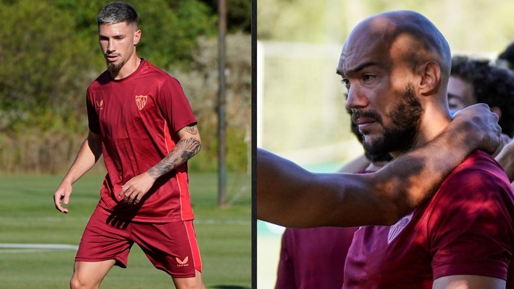 Imagen de José Ángel Carmona y Marko Dmitrovic en el entrenamiento del Sevilla FC en Montecastillo | Imagen: Sevilla FC