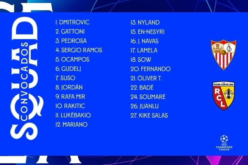 Convocatoria del Sevilla FC para recibir al RC Lens. Foto: SFC Media