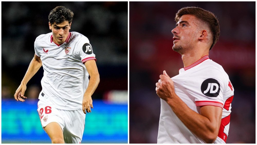 Juanlu Sánchez y Kike Salas en distintos partidos esta temporada con la camiseta del Sevilla FC. Foto: SFC Media