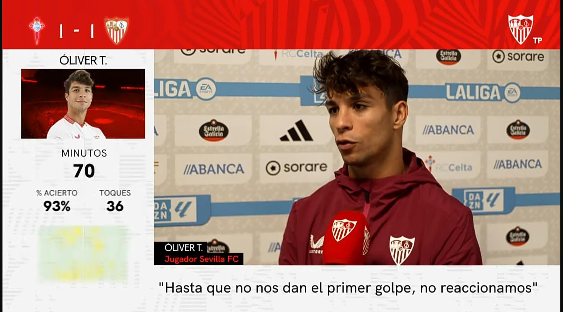 Óliver Torres en las declaraciones tras el empate frente al Celta de Vigo