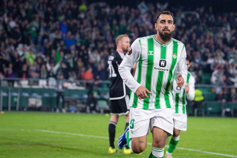 Borja Iglesias celebra su primer gold e la temporada, logrado ante el Aris Limassol.- Francisco Gordillo