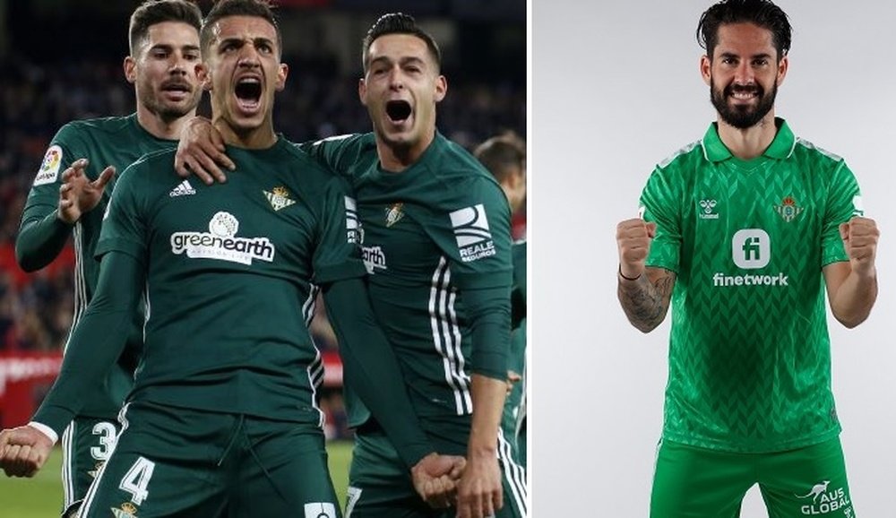 Feddal celebra el 1-2 en el derbi del Día de Reyes de 2018 junto a Sergio León y Javi García. A la derecha Isco con la equipacióin de este domingo.- Efe y RBB