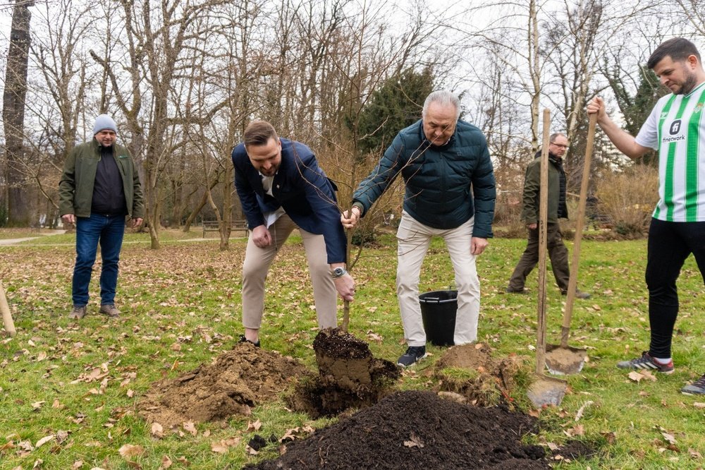 Rafael Gordillo, presidente de la Fundación Real Betis Balompié, y Ivan Kelava, leyenda del GNK Dinamo Zagreb, realizaron una plantación de árboles en el parque aleñado al estadio croata. - RBB