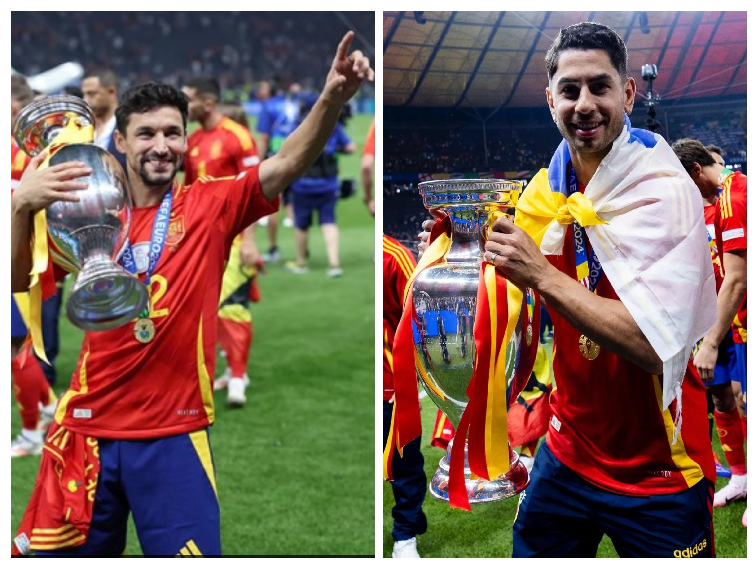 Jesús Navas y Ayoze Pérez posan con la Eurocopa ganada este domingo con España.- Efe