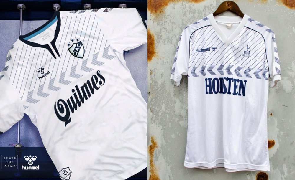 Le maillot de Quilmes de 2019 et le maillot de Tottenham des années 80. Hummel/ClassicFootballShirts