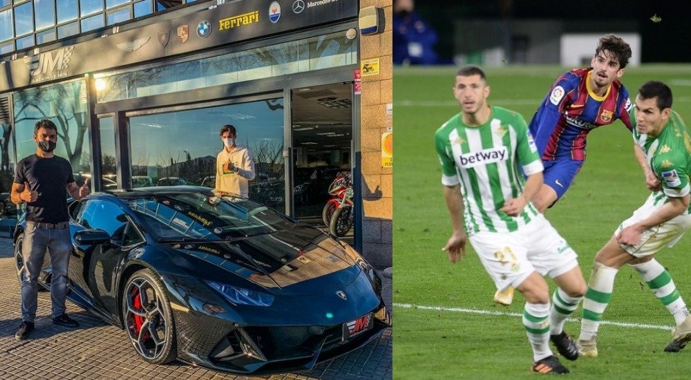 Trincao rewards himself with Lamborghini Huracán EVO after first Barca goal. JMAutomocion/AFP