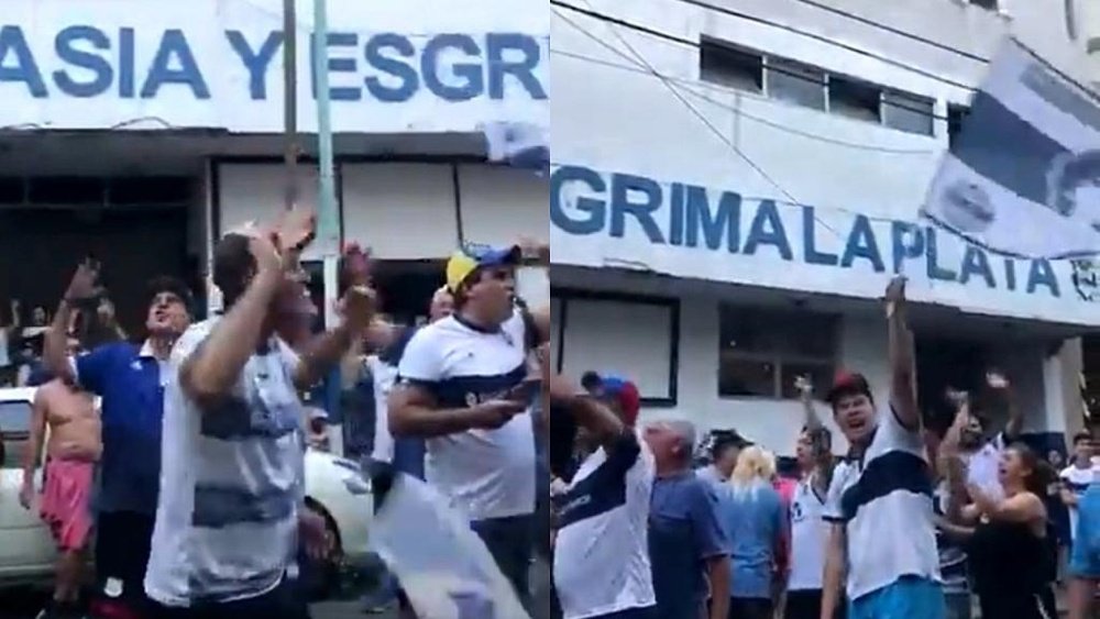 Hinchas de Gimnasia piden la continuidad de Maradona. Captura/TyCSports