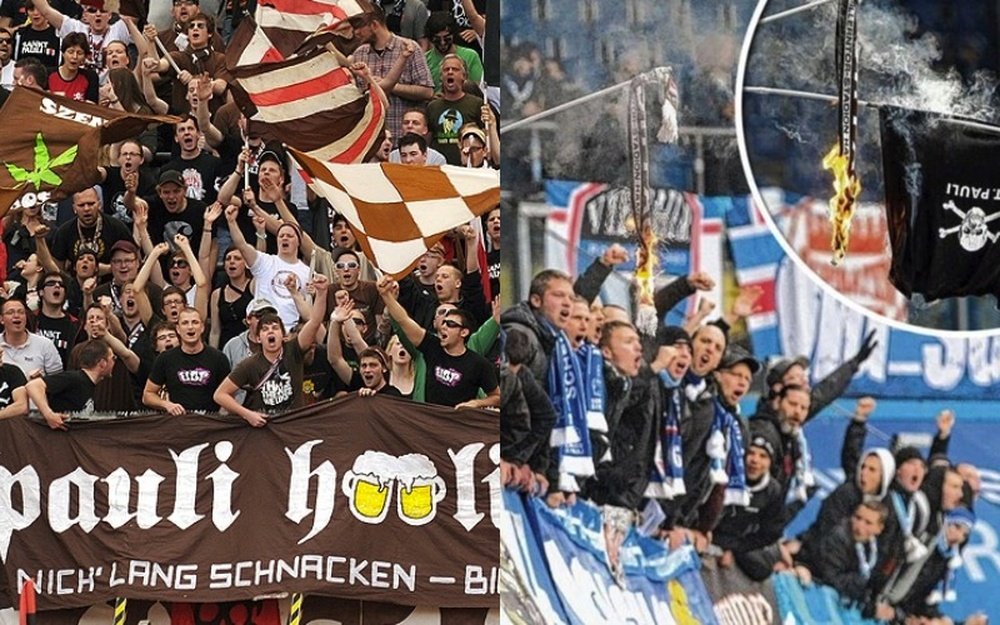 Aficiones de Sankt Pauli, izquierda, y Hansa Rostock, derecha, durante un partido.