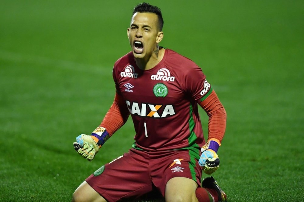 Brazil's Chapecoense goalkeeper Marcos Danilo Padilla celebrating. AFP