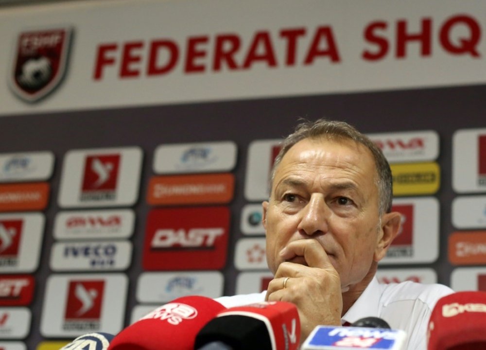 Albanias coach Giovanni De Biasi speaks at a press conference in Tirana on October 3, 2015 ahead of the upcoming UEFA Euro 2016 Group I qualifying football match between Albania and Serbia in Elbasan