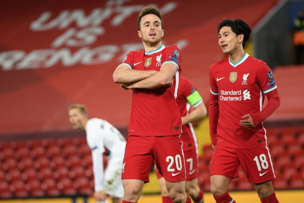 Liverpool forward Diogo Jota celebrates after his goal against Midtjylland at Anfield. AFP