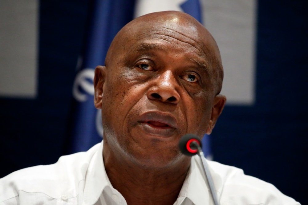 Tokyo Sexwale speaks during a press conference with the heads of the Palestinian and Israeli Football federations in the West Bank city of Jericho on December 16, 2015